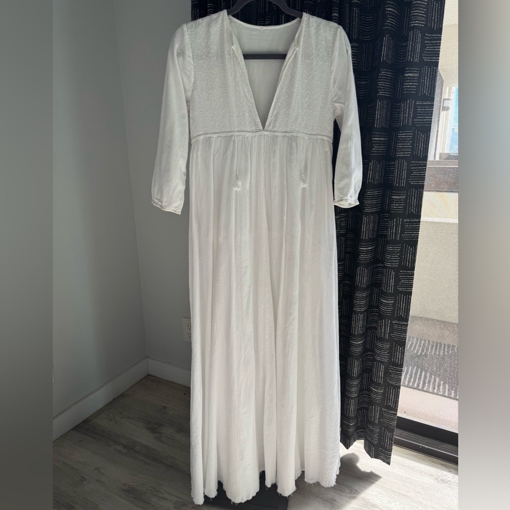 Vintage White Cotton Empire Waist Boho Bridal 3/4 Sleeve Maxi Dress Embroidery S